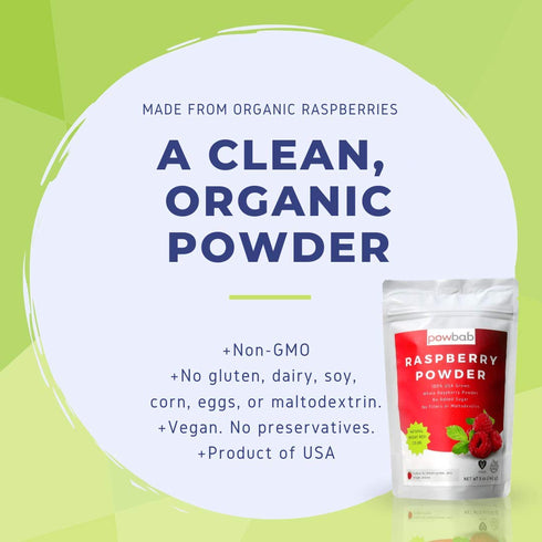 100% (5 oz) powbab Raspberry Powder from USA Grown Organic Raspberries. No Added Sugar, Not Freeze Dried, No Juice