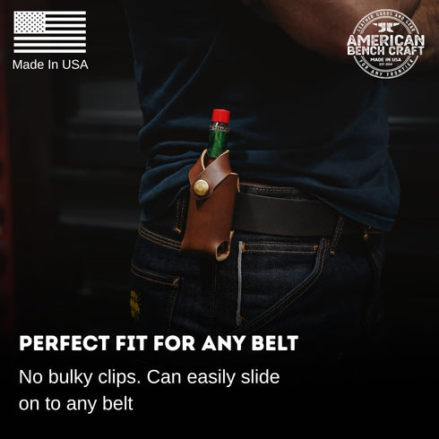 2 oz. Hot Sauce Holster - Full Grain Leather Belt Holder - Solid Brass Snap - Convenient Slip-On Hot Sauce Bottle