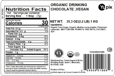 2.2 lb (35.2 oz), Yupik Organic Hot Chocolate Mix, Vegan, Gluten-Free, GMO-Free, Dairy-Free, Kosher, Cocoa Powder, Mix