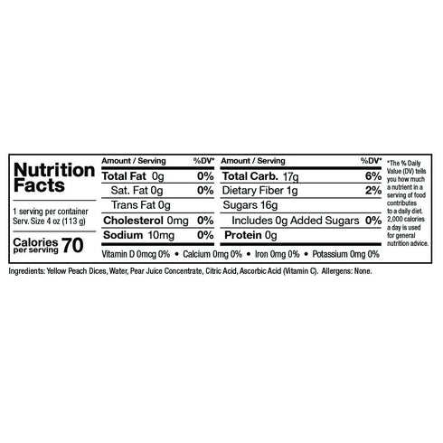 100% 4 oz 24 pack Zee Zees Diced Peach Fruit Cup, in Juice, No Sugar Added, Gluten Free, Cups