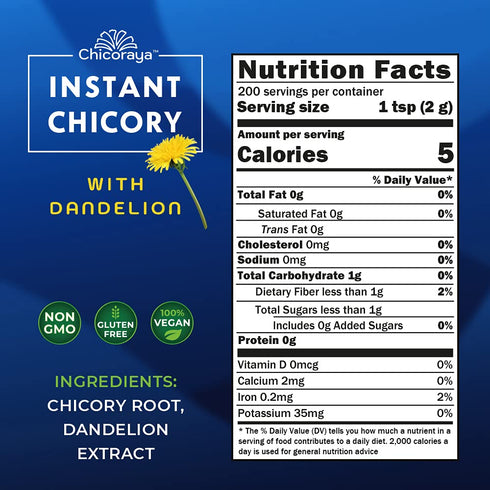 14.1 oz) CHICORAYA Instant Chicory Coffee - Best for Decaf and Diet - Keto & Vegan Beverage Blend - Coffeine-Free Cofee