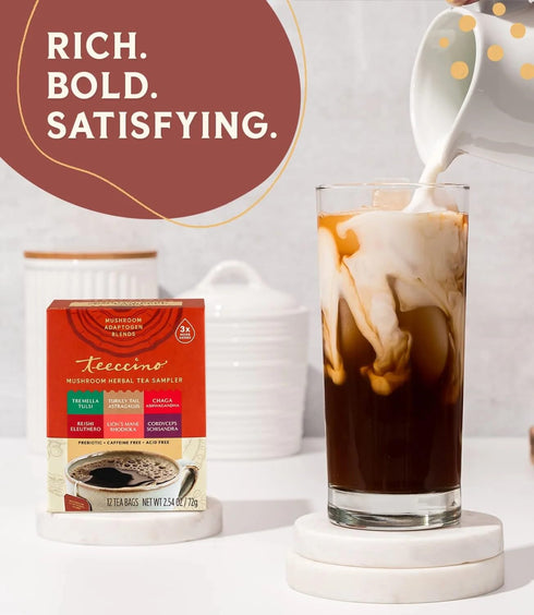 Teeccino Mushroom Herbal Tea - Mushroom Adaptogen Tea Sampler with 12 Tea Bags, Support Your Health with Mushrooms