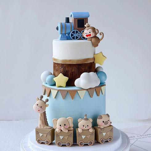 Foofluckii 24-Piece Set Animal Train Cake Decoration with Giraffe, Elephant, Pig, Bear, and Monkey - Themed Cake