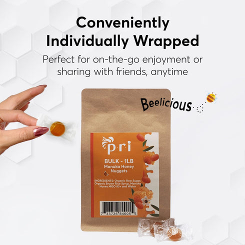 1 lb P.R.I Manuka Honey Nuggets Bulk Bag, Natural Honey Hard Candy, Individually Wrapped, No Corn Syrup, Gluten Free