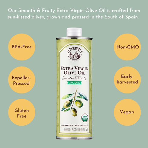 33.8 oz (1 La Tourangelle, Organic Extra Virgin Olive Oil, Cold-Pressed Early Harvest EVOO from Spain, Smooth & Fruity