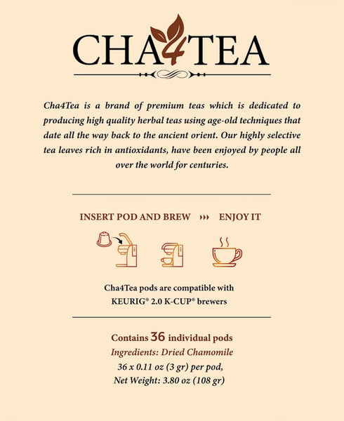 Cha4Tea 36-Count Pure Chamomile Herbal Tea Pods Compatible with Keurig Brewers - Bedtime/Sleep-well/Nightly