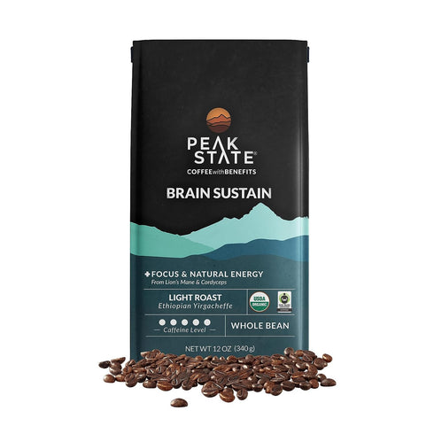 Peak State Brain Sustain Coffee with Benefits, Light Roast Mushroom Coffee, Low