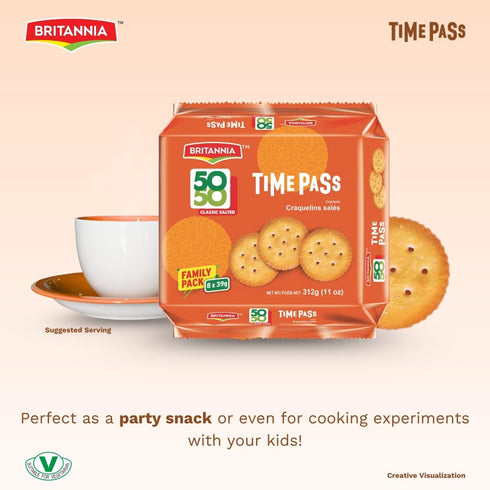 Pack- 312 GM(11 oz)- 8 39gm Britannia Time Pass Classic Salted Biscuits | Family * | Light & Crispy Snack Perfect