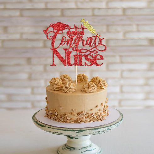 Trelsan Red Glitter Congrats Nurse Cake Topper, Nursing School Grad Graduation Party Decorations Supplies, Medical