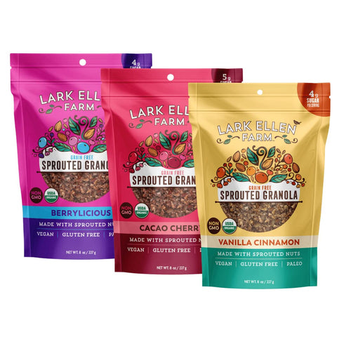 8 oz 3 Count Lark Ellen Farm Vanilla Cinnamon, Cacao Cherry, Berrylicious Grain Free Granola Clusters, Crunchy Gluten