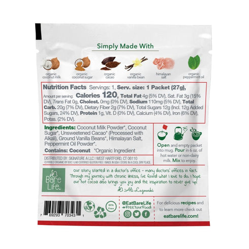 0.95 Oz (10 Pack) Bare Life: Dairy Free Peppermint Hot Cocoa Mix | Single Serving | Gluten Free, Vegan, Organic, Plant