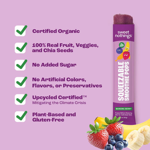 Pack 24 Sweet Nothings, Banana Berry, USDA Organic Kids' Squeezable Fruit Smoothie Popsicle Pops, Value of - Dye-Free