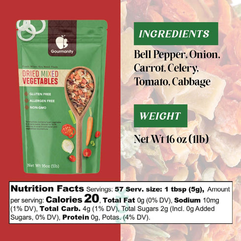 1lb Tasty Vegetable Soup Blend, Dehydrated Vegetables for Ramen Toppings, Stews, and Emergency Food, Bulk Resealable