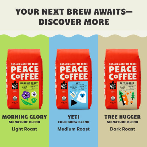12 oz, Pack 3, Peace Coffee Blue Ox Blend Medium Roast Whole Bean Coffee, of Organic Fair Trade, Creamy, Mild Flavor