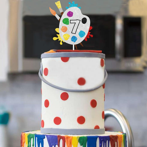 7th Slime Cake Topper - Art Themed Palette Painting Graffi Boy Girl Birthday Party Decorations for Seven Years