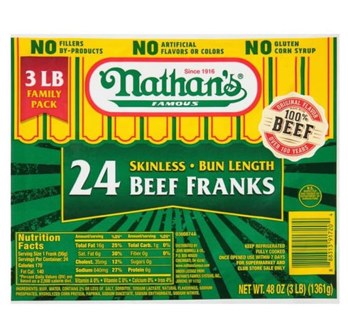Generic Nathans Famous Skinless Beef Franks - 24 ct - 48 Oz