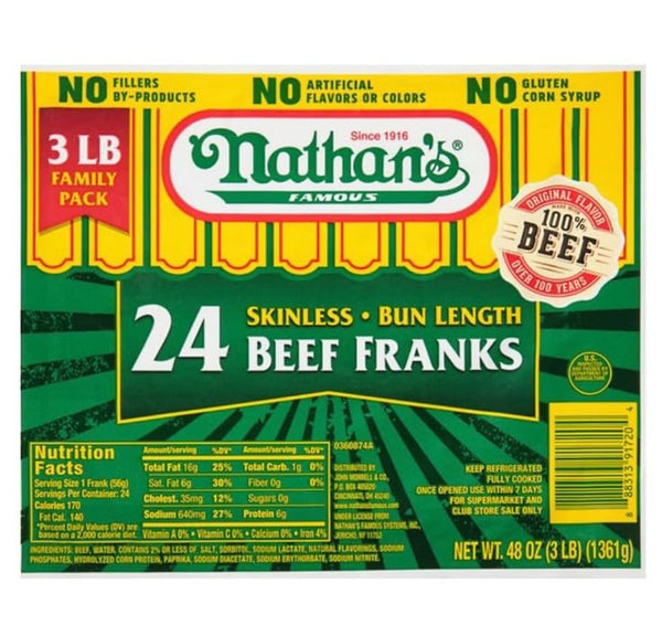 Generic Nathans Famous Skinless Beef Franks - 24 ct - 48 Oz