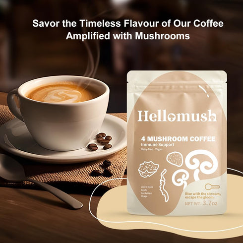 30 3.7 oz Hellomush Organic Instant Mushroom Coffee with Lions Mane, Reishi, Chaga and Cordyceps Coffee Servings