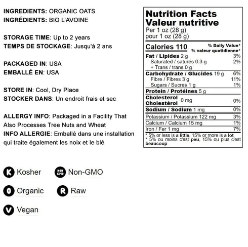 3 100% Food to Live Organic Rolled Oats, Pounds Old-Fashioned, Whole Grain, Non-GMO, Raw, Kosher, Bulk Oats. Perfect