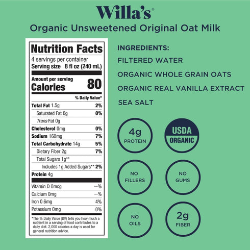 8.25 oz 1 Pack Willa's Organic Oat Milk - Unsweetened Original Oatmilk, Non-GMO, Bobby Approved, Shelf Stable, Low
