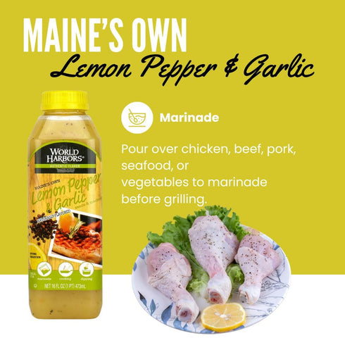 16 oz (Pack 2) World Harbors Lemon Pepper Garlic Sauce & Marinade, Made in Maine, Ideal for Chicken Wings, Seafood