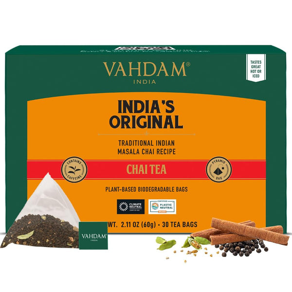 VAHDAM India's Original Masala Chai Tea, 30 Pyramid Tea Bags, Non-GMO, Gluten Free, Resealable Ziplock Pouch
