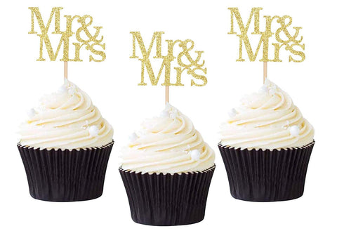 24 Pack Mr & Mrs Cupcake Picks, Gold Glitter Wedding Cupcake Toppers for Bridal Baby Shower Party Supplies