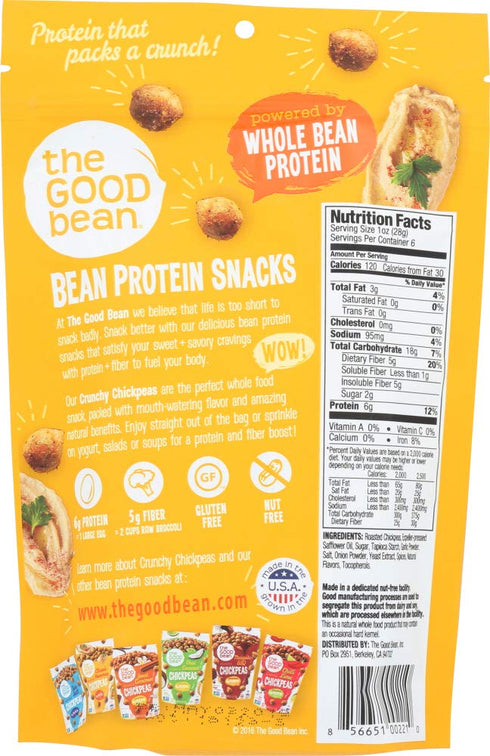 Hummus 6 oz The Good Bean Crunchy Chickpeas - Classic - Resealable Bag - Roasted Chickpea Beans - Vegan Snack with Good