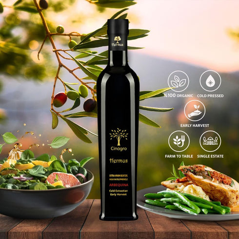 (500+ (1) Hermus by Cinagro Extra Virgin Olive Oil, Arbequina Variety, High Polyphenols ppm), Cold Press, Early