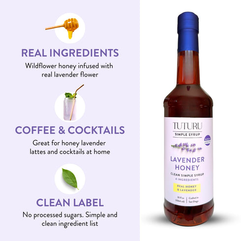 36 oz Lavender Honey Simple Syrup for Coffee, Cocktails, Tea, Matcha - Clean Simple Syrup with Real Lavender & Honey
