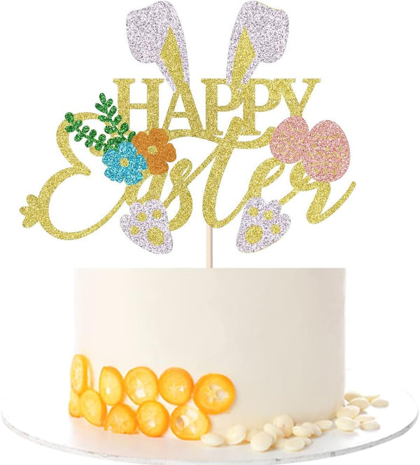 Kaoenla Gold Glitter Happy Easter Cake Topper - Bunny Easter Egg Decor,
