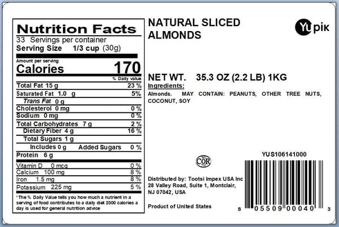 2.2 lb, Pack 1 Yupik Sliced California Almonds with Skins, Unblanched, Gluten-Free, Kosher, Raw, Good Source