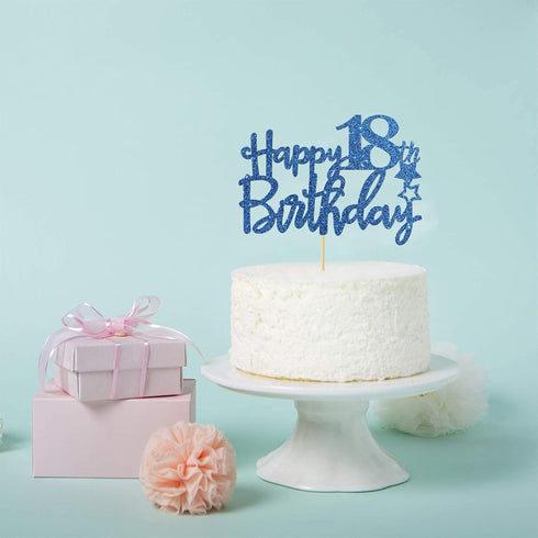Royal Blue Glitter Happy 18th Birthday Cake Topper, Cheers to 18 Years Party Supplies