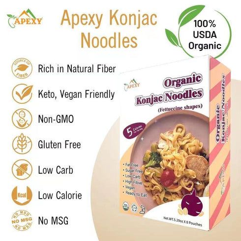 APEXY 42.24oz 8 Organic Shirataki Konjac Noodle with Organic Oat Flour Pouches Inside Healthy Diet, Low Calorie