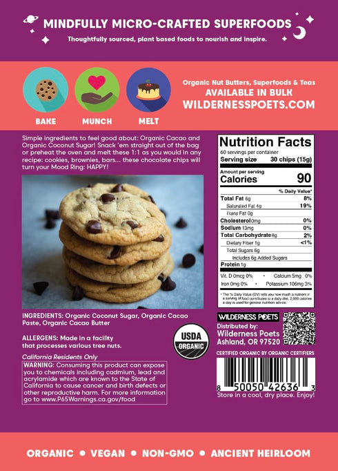 3 32 Wilderness Poets, Organic Chocolate Chips - Coconut-Sweetened - Simple Ingredients - Dark Chocolate, Heirloom