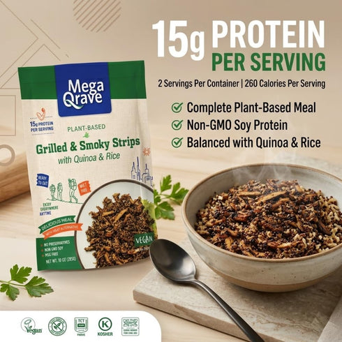 Mega Qrave 10 oz 15g Plant-Based Grilled & Smoky Strips with Quinoa & Rice, Ready-to-Eat Shelf-Stable Vegan Meal