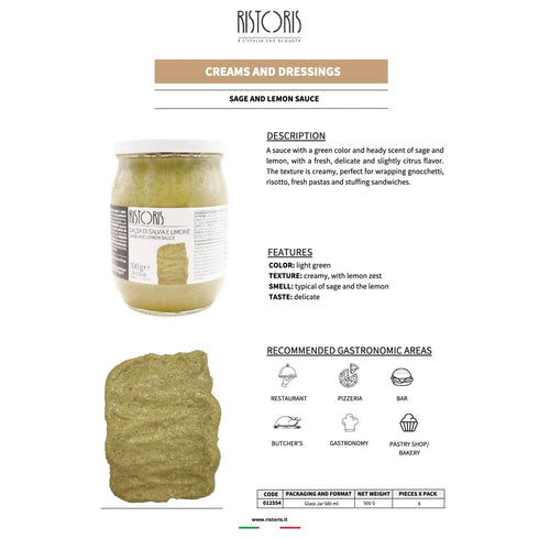 17.6 oz (500g) Sage & Lemon Sauce Authentic Italian Gourmet Condiment Made in Italy, Herb & Citrus Pasta Sauce