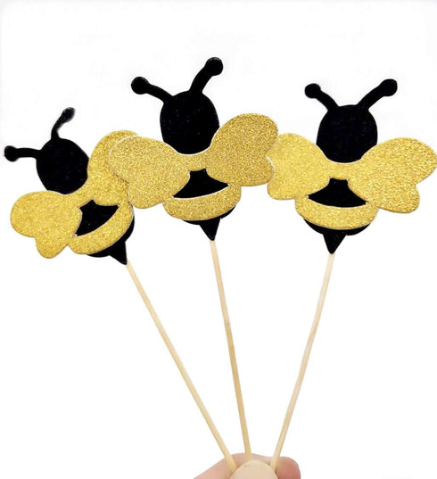 24 Pack Glitter Bumble Bee Cupcake Toppers for Baby Shower and Gender Reveal Party Decorations