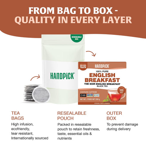 (100 Count) HANDPICK, Organic English Breakfast Black Tea Bags USDA Organic, Non-GMO | Strong, Robust, High-Caffeine