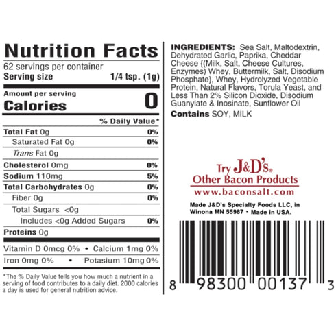 2.75 J&D's Bacon Salt, Cheddar, Ounce, Bacon Flavored Seasoning Salt, Kosher, Vegetarian