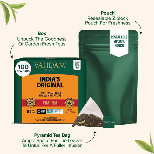 (100 Count) VAHDAM, India's Original Masala Chai Tea Bags No Added Flavoring | Blended w/Exotic Spices | Whole Leaf Tea