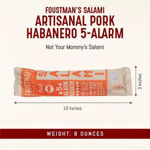 5 8 Oz Foustman's Salami Pork Alarm Habanero Artisanal, Nitrate-Free, Naturally Cured, Gluten-Free, Dairy-Free, Sticks