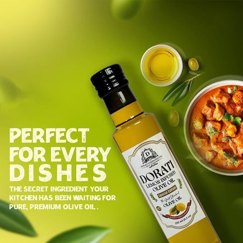 250ml (8.5 oz) DORATI Lemon Infused Extra Virgin Olive Oil Italian First Cold Pressed Olive Oil, Polyphenol Rich