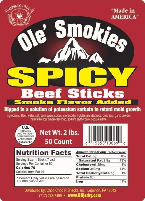2-lb 5" (50 Buffalo Bills Spicy Ole' Smokies Saddlebag twist-end beef sticks per saddlebag)