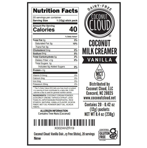 Coconut Cloud Dairy-Free Coffee Creamer, Minimally Processed, Vegan, Gluten Free, Non-GMO (Vanilla - 20 Sticks)
