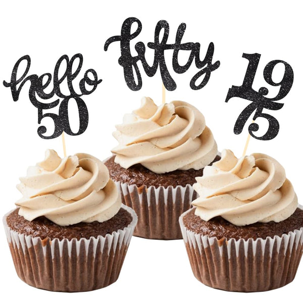 24 Pcs Black Glitter Cupcake Toppers for 50th Birthday Party Celebrations Decorations