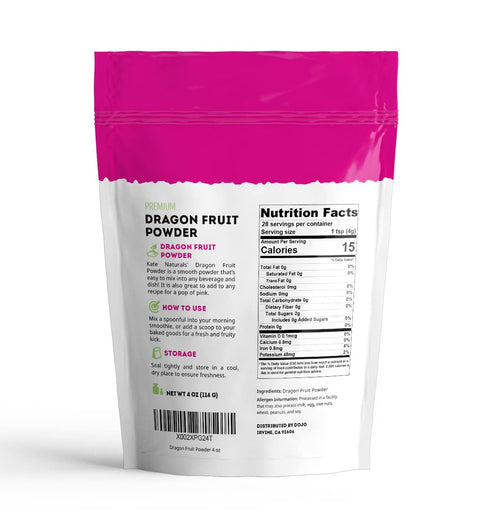 Kate Naturals 4oz Dragon Fruit Powder for Baking & Drinks, Vegan Gluten Free Dried Pink Pitaya Powder