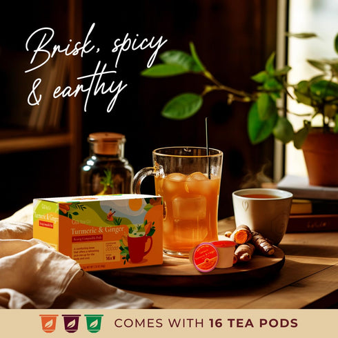 (16 Count)- Gya Tea Co Turmeric Ginger Herbal Tea Pod Decaf Wellness Tea for Body Comfort & Relaxing