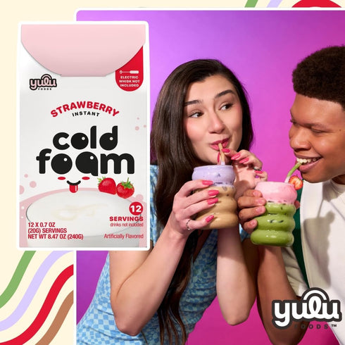 (12 8.47 oz) YULU FOODS Strawberry Instant Cold Foam Sticks Servings, | Non-Dairy Berry Creamer for Iced Coffee, Tea