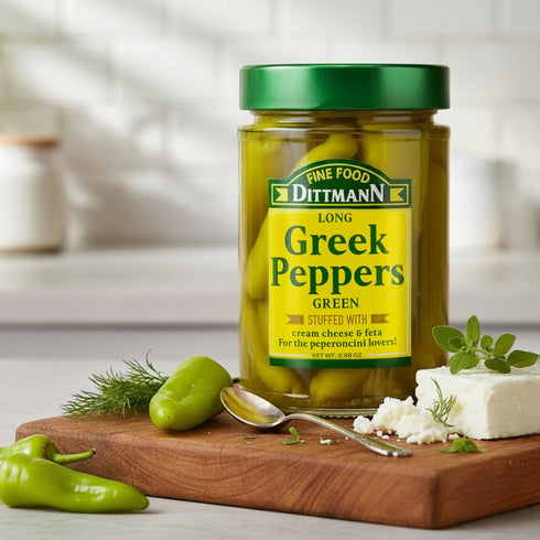 Fine Food Dittmann 6 9.88 oz Long Greek Peppers stuffed with cream cheese & feta x Jars